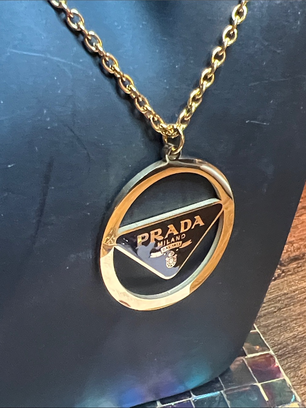 Up Cycled Gold-Tone Logo Circle Pendant Necklace with Black Enamel Triangle - Picture 2 of 6